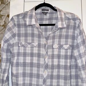 Eddie Bauer ladies gray plaid button up shirt, lightweight
